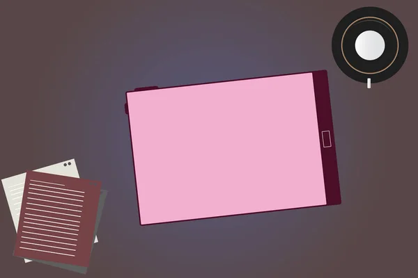 Σχεδιασμός έννοια κενό αντίγραφο χώρου σύγχρονη αφηρημένη επιχειρησης πιατάκι του κενή οθόνη Tablet και πλήρωσης φύλλα σε κενό χρώμα φόντου — Διανυσματικό Αρχείο