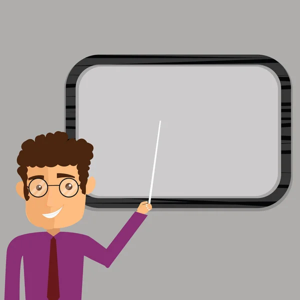 Ontwerp bedrijf lege kopie de concepttekst voor Web banners promotiemateriaal mock up sjabloon Man Standing Holding Stick wijzend naar muur gemonteerd leeg kleur Board — Stockvector