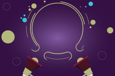 Tasarım iş kavramı boş şablon kopya alanı metin reklam Web sitesi için iki megafon ve dairesel anahat renk arka plan üzerinde küçük daireler ile izole