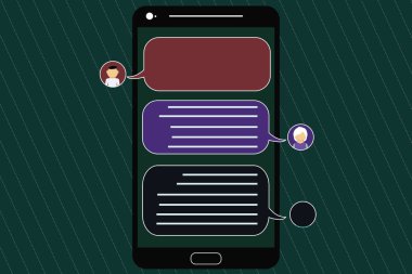 Tasarım iş boş şablon izole Minimalist grafik düzeni şablonu Mobile Messenger ekranı sohbet başkanları ve boş renk konuşma balonları ile reklam için