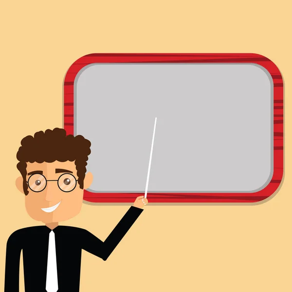 Ontwerpsjabloon business lege sjabloon geïsoleerde minimalistische grafische lay-out voor reclame Man Standing Holding Stick wijzend naar muur gemonteerd leeg kleur Board — Stockvector