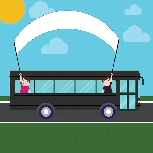 Concepto de negocio de diseño Texto de copia vacío para banners web Plantilla de maqueta de material promocional Dos niños dentro del autobús escolar sosteniendo la bandera con palo en una excursión de un día — Archivo Imágenes Vectoriales
