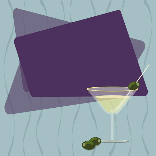 Conceito de negócio Modelo vazio espaço de cópia isolado Cupons de cartazes material promocional Cocktail preenchido Copo de vinho com azeitona na borda Espaço de texto em branco —  Vetores de Stock