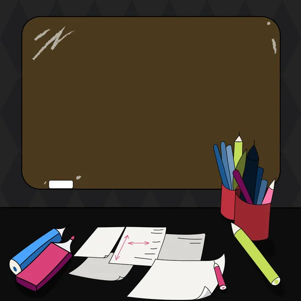 Concepto de negocio de diseño Texto de copia vacío para banners web Plantilla de maqueta de material promocional Pizarra de color en blanco montada con tiza y herramientas de escritura Hojas en el escritorio — Vector de stock