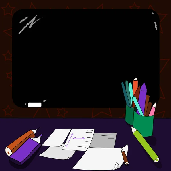 设计业务广告网站推广的空副本空间文本独立横幅模板安装空白颜色黑板与粉笔和书写工具表在办公桌上 — 图库矢量图片