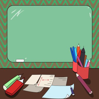 İş kavramı boş kopya metin Web afiş promosyon malzemesi şablon Mounted boş renk Blackboard tebeşir ve yazma araçları sayfalarını üstünde okul sırası ile alay etmek için Tasarla