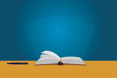 Tasarım iş boş kopya alanı metin reklam Web sitesi tanıtım için Banner şablon renk sayfaları, Açık kitap masada kalem ve ışık ışını göze batan ile izole vektör