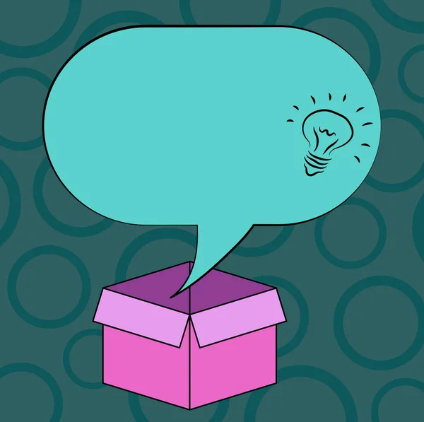 ออกแบบแนวคิดธุรกิจ โฆษณาธุรกิจสําหรับแบนเนอร์โปรโมชั่นเว็บไซต์ที่ว่างเปล่าสื่อสังคมโฆษณาไอคอนไอเดียภายในว่าง Halftone Speech Bubble Over a Open Carton Box — ภาพเวกเตอร์สต็อก