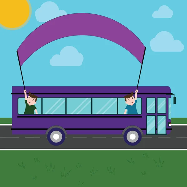 Concepto de negocio de diseño Anuncio de negocios para banners de promoción de sitios web Anuncio de medios sociales vacíos Dos niños dentro del autobús escolar sosteniendo pancartas con palo en una excursión de un día — Archivo Imágenes Vectoriales
