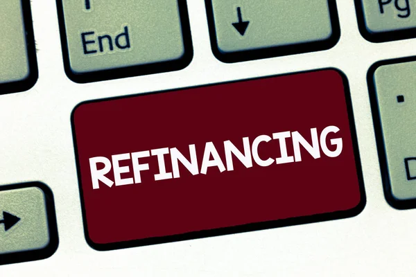 Handwriting text Refinancing. Concept meaning Finance again with new loans at a lower rate of interest — Stock Photo, Image