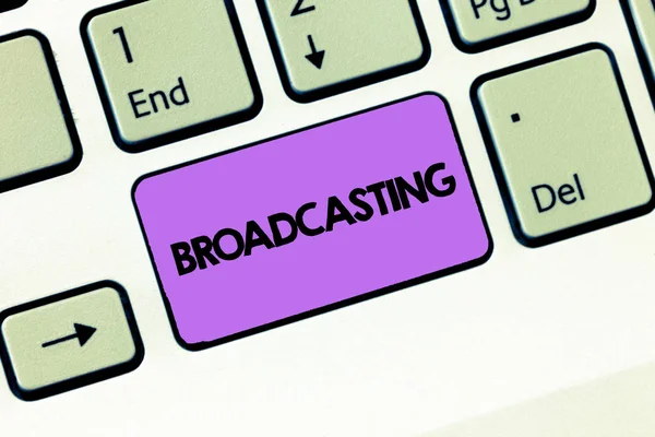 Text sign showing Broadcasting. Conceptual photo Transmit program or some information by radio television media — Stock Photo, Image
