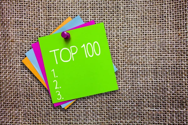 Conceptual hand writing showing Top 100. Business photo showcasing List of best products services Popular Bestseller Premium high rate — Stock Photo, Image
