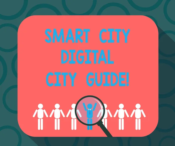 Nota de escritura que muestra Smart City Digital City Guide. Exhibición de fotos de negocios Ciudades modernas tecnológicas conectadas Lupa sobre el hombre elegido Análisis de Hu Dummies Line Up . —  Fotos de Stock