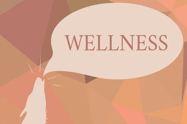 Writing note showing Wellness. Business photo showcasing state of being in good health especially as actively pursued goal Contour shape of Wolf Head Pointing upward Speech Bubble. — Stock Photo, Image