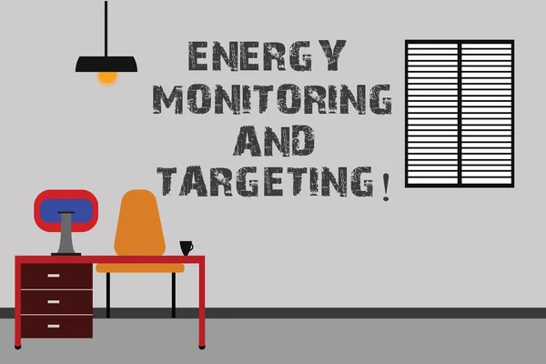 Writing note showing Energy Monitoring And Targeting. Business photo showcasing Technology display monitor analysisagement Minimalist Interior Computer and Study Area Inside a Room.