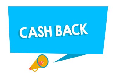 Word metin nakit geri yazma. İş kavramı teşvik için alıcı nakit boş dikdörtgen konuşma balonu kuyruk ile sayede aldıkları belirli ürün megafon duyurmak için işaret eden teklif.