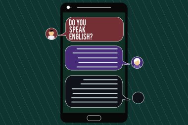 Word metin yapmak sen konuşmak Englishquestion yazma. Farklı dilleri Mobile Messenger ekranı sohbet başkanları ve boş renk konuşma balonları ile öğrenme konuşma için iş kavramı.
