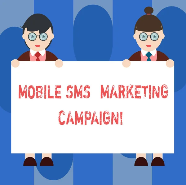 Handwriting text Mobile Sms Marketing Campaign. Concept meaning Advertising communication promotion campaign Male and Female in Uniform Standing Holding Blank Placard Banner Text Space. — Stock Photo, Image