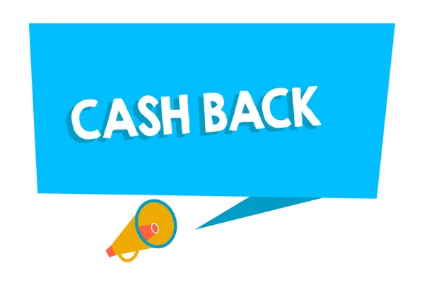 Word writing text Cash Back. Business concept for incentive offered buyers certain product whereby they receive cash Blank Rectangular Speech Bubble with Tail pointing to Megaphone Announcing.