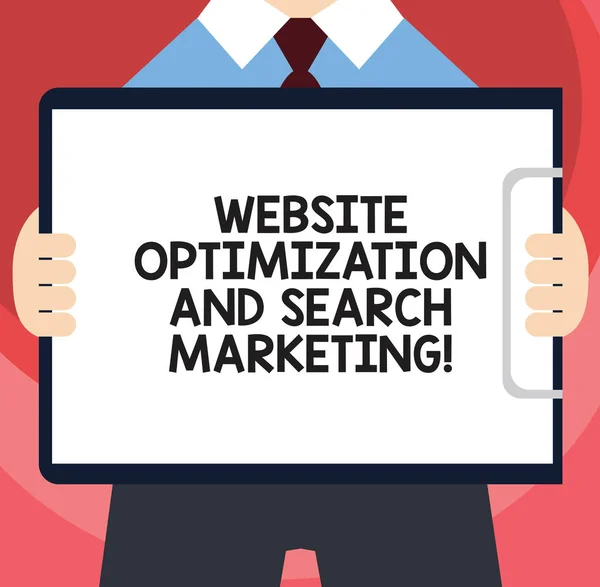 Handwriting text writing Website Optimization And Search Marketing. Concept meaning Search engine optimization Man in Suit Standing Holding Horizontally Clipboard with Blank Paper.