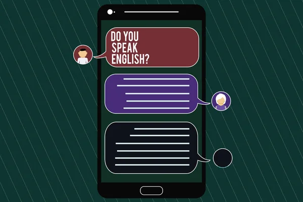 Ordet skriver text gör du talar Englishquestion. Affärsidé för att tala olika språkinlärning Mobile Messenger skärm med chatta huvuden och Blank färg pratbubblor. — Stockfoto