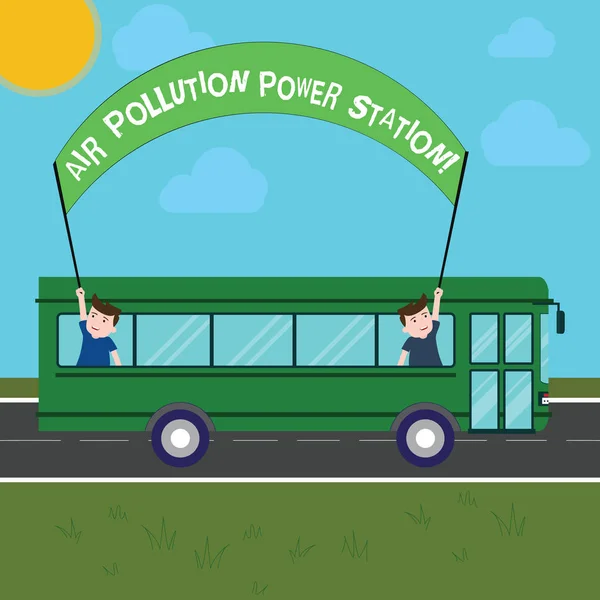 Écriture manuscrite de texte Air Pollution Power Station. Concept signifiant Danger industriel Smog Risque environnemental Deux enfants à l'intérieur d'un autobus scolaire brandissant une bannière avec bâton lors d'une excursion d'une journée . — Photo