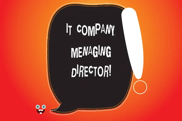 Handwriting text writing It Company Managing Director. Concept meaning Professional information technology boss Blank Color Speech Bubble Outlined with Exclamation Point Monster Face icon. — Stock Photo, Image