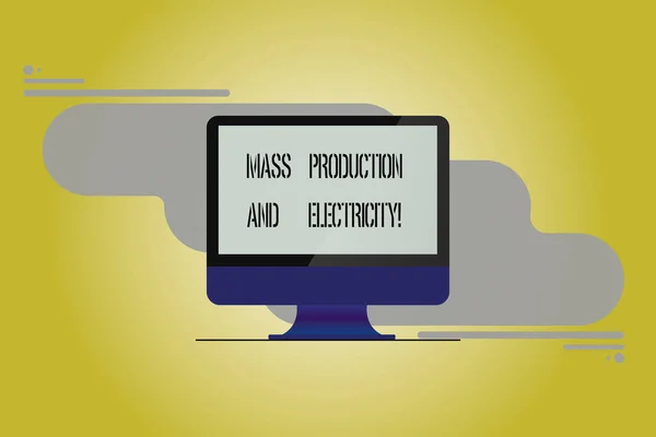 Escrita de mão conceitual mostrando produção em massa e eletricidade. Foto de negócios mostrando fonte de alimentação elétrica industrial Monitor de computador montado Tela em branco no fundo abstrato . — Fotografia de Stock