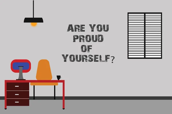 Writing Obs visar är du stolt av Yourselfquestion. Företag foto skylta vara medveten om dina prestationer minimalistisk interiör dator och området inuti ett studierum. — Stockfoto
