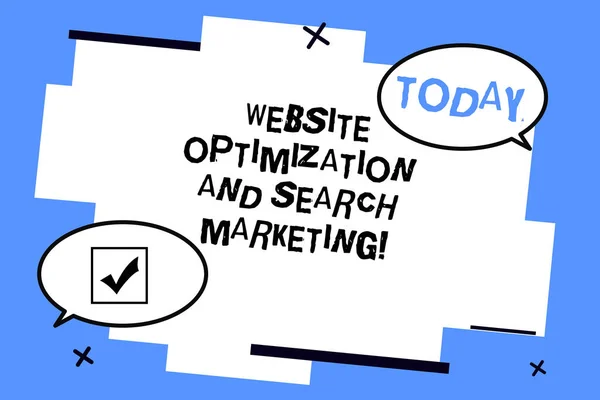 Word writing text Website Optimization And Search Marketing. Business concept for Search engine optimization Two Blank Oval speech bubble at distance and Tail facing opposite direction.
