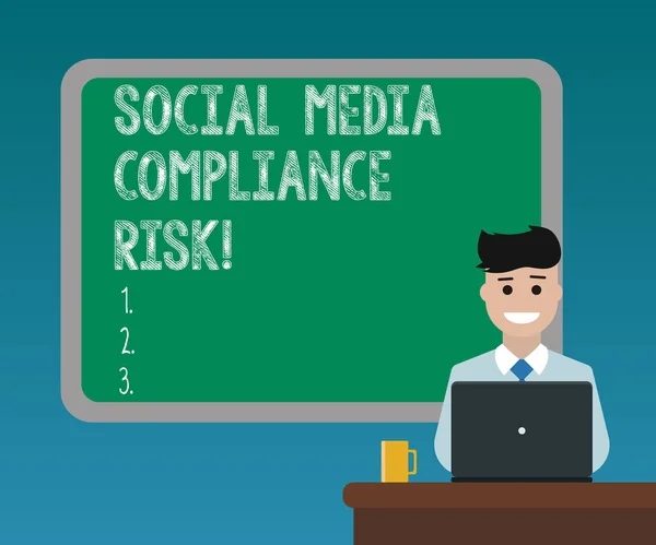 Handwriting text writing Social Media Compliance Risk. Concept meaning Risks analysisagement on the internet online sharing Blank Bordered Board behind Man Sitting Smiling with Laptop Mug on Desk