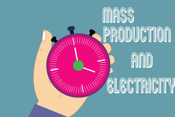 Het schrijven van nota tonen van massaproductie en elektriciteit. Zakelijke foto presentatie van industriële elektriciteit leveren Hu analyse Hand Holding Stop Watch Timer met Stop knop Start. — Stockfoto