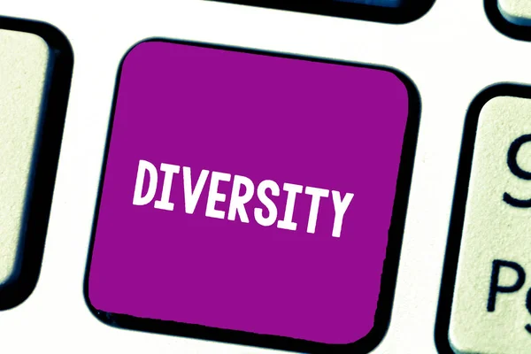 Text sign showing Diversity. Conceptual photo state of being diverse range different things miscellany mixture Keyboard key Intention to create computer message, pressing keypad idea. — Stock Photo, Image