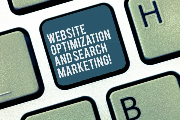 Word writing text Website Optimization And Search Marketing. Business concept for Search engine optimization Keyboard key Intention to create computer message, pressing keypad idea.