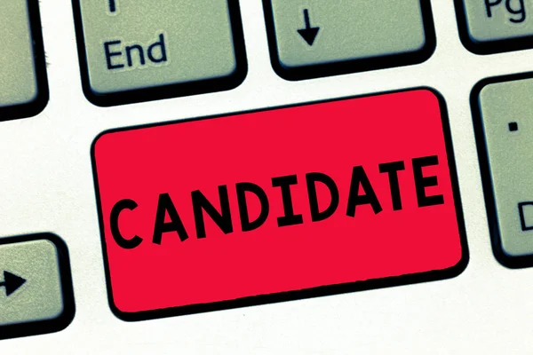 Text sign showing Candidate. Conceptual photo demonstrating who applies for job or is nominated for election examination Keyboard key Intention to create computer message, pressing keypad idea. — Stock Photo, Image