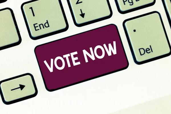Writing note showing Vote Now. Business photo showcasing formal indication of choice between two or more courses of action Keyboard Intention to create computer message keypad idea. — Stock Photo, Image
