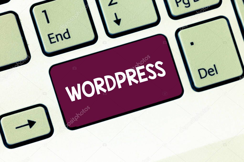 Writing note showing Wordpress. Business photo showcasing free source publishing software that can installed web server Keyboard Intention to create computer message keypad idea.