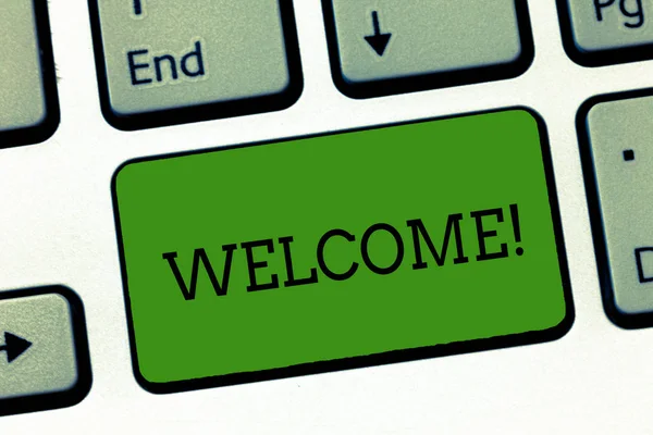 Conceptual hand writing showing Welcome. Business photo showcasing instance or analysisner of greeting someone in polite or friendly way Keyboard Intention to create computer message keypad idea.