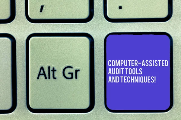 Text sign showing Computer Assisted Audit Tools And Techniques. Conceptual photo Modern auditing applications Keyboard key Intention to create computer message, pressing keypad idea. — Stock Photo, Image