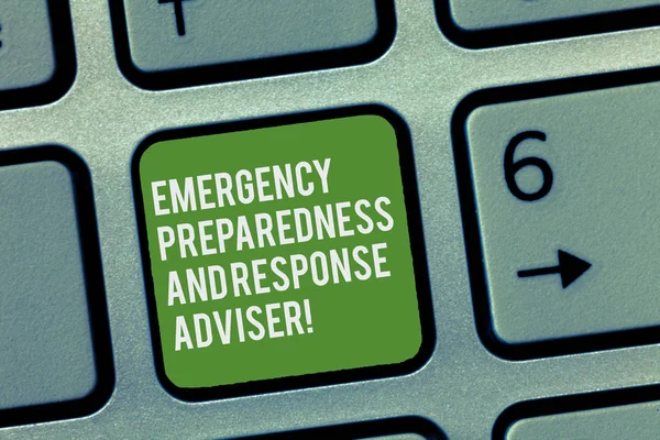 Conceptual hand writing showing Emergency Preparedness And Response Adviser. Business photo text Be prepared for emergencies Keyboard Intention to create computer message keypad idea.