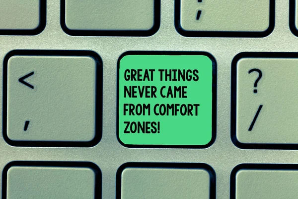 Writing Obs visar fantastiska saker aldrig kom från komfortzoner. Företag foto skylta Inspiration till att pröva nya vägar tangentbord avsikt att skapa dator meddelande knappsatsen idé. — Stockfoto