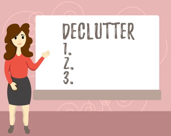 Conceptuele hand schrijven weergegeven: Declutter. Zakelijke foto tekst overbodige items verwijderen van slordig of overvolle plaats vrouwelijke Hu analyse presenteren rechthoekige leeg Whiteboard. — Stockfoto