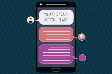 Kavramsal el ne olduğunu Your eylem Planquestion gösterilen yazma. İş fotoğraf vitrine adımlarınız ulaşmak için hedef mobil Messenger ekranı sohbet başkanları ve konuşma balonları ile açıklamak.