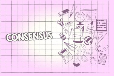 Fikir birliği gösterilen Not yazma. Belirli konu olay veya eylem okul malzemeleri simgesini metin alanı olan Halfside üzerinde eğitim materyalleri hakkında genel anlaşması vitrine iş fotoğraf.