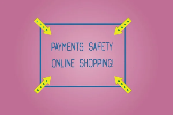 Word writing text Payments Safety Online Shopping. Business concept for Ecommerce security payment protection Square Outline with Corner Arrows Pointing Inwards on Color Background.