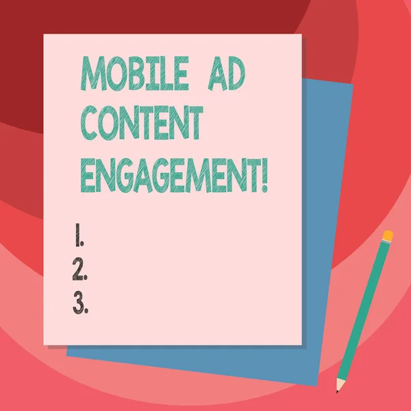 Writing note showing Mobile Ad Content Engagement. Business photo showcasing Social media advertising promotion strategies Stack of Different Pastel Color Construct Bond Paper Pencil.