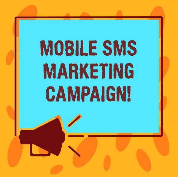 Writing note showing Mobile Sms Marketing Campaign. Business photo showcasing Advertising communication promotion campaign Megaphone Sound icon Outlines Square Loudspeaker Text Space photo. — Stock Photo, Image