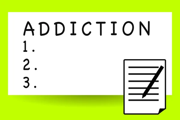 Handwriting text writing Addiction. Concept meaning condition of being addicted to particular substance or activity Sheet of Pad Paper with Lines and Margin Ballpoint Pen on top Flip corner.