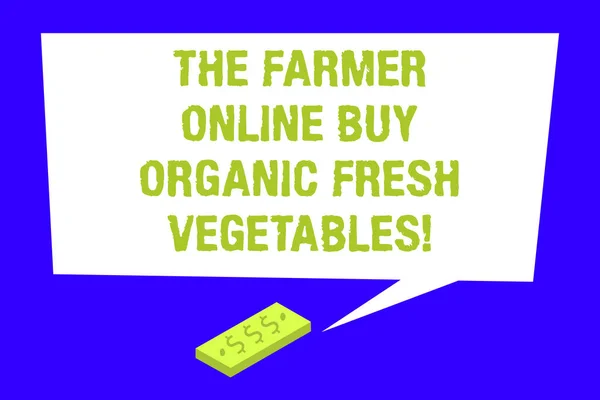 Writing note showing The Farmer Online Buy Organic Fresh Vegetables. Business photo showcasing Purchase healthy food Rectangular Speech Bubble with Tail pointing to Dollar Paper Bill.