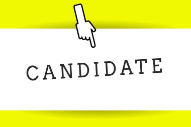 Kavramsal el aday gösterilen yazma. Kim iş için uygular veya sağ arka seçim muayene için aday gösteren fotoğraf iş vitrine dizine işaret aşağı başparmak.